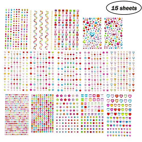 EKKONG 15 Hojas 2081 Piezas Diamantes Autoadhesivas,Pegatinas de Diamantes de Imitación,Pegatinas Brillantes, Adhesivas Pegatinas de Gemas para DIY, Artesanía, Uñas, Cara (15 Hojas)