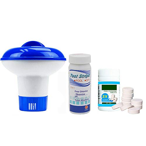 EKUPUZ Kit Dispensador Cloro Piscina,Dispensador Flotante de Piscina Tiras de Prueba de SPA 3 en 1 50 Tabletas de Cloro para Piscina Piscina Dispensadora