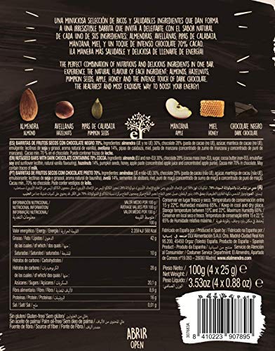 El Almendro - Barritas de Almendra y Chocolate Negro 70% - 4x25 gr - Sin Gluten - Sin Aceite de Palma - Alto Contenido en Fibra