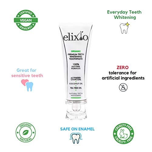 El carbón activo y el aceite de coco La pasta de dientes blanqueadora elixio/Aloe Vera & Aceite de árbol del té/Limpia los dientes, refresca el aliento, es seguro para el esmalte/Sin flúor/by elixio