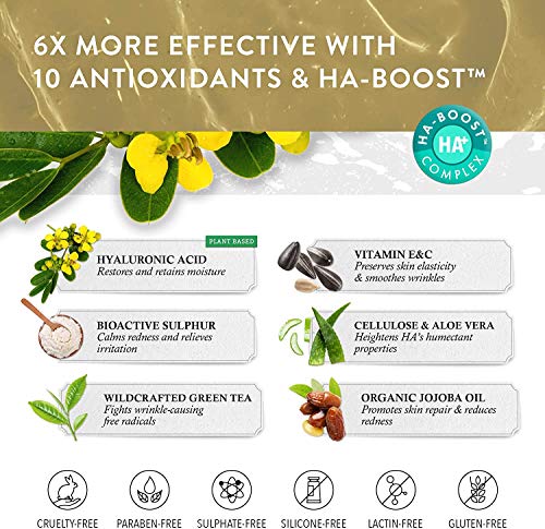 ?? ??????? ????* Sérum con Ácido Hialurónico ORGÁNICO – 8 VECES MÁS POTENTE – Serum Antiedad con 2% AH + 10 Antioxidantes – Hidrata & Reafirma – 100% VEGANO/DESARROLLADO POR DERMATÓLOGOS