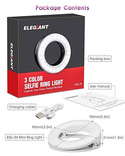 ELEGIANT Mini Anillo de Luz LED para Selfie y Fotografia, Aro de Luz con 4 Modos de Colores, Altura Regulable para Móvil Maquillaje Youtube Videoconferencia Live, Blanco