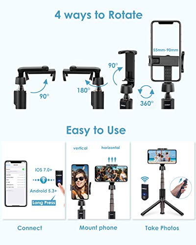 ELEGIANT Palo Selfie Trípode, 3 en 1 Bluetooth Stick Movil Deportivo Extensible de Control Remoto para Viaje Monopie con Obturador Rotación de 360 Grados Aleación de Aluminio Compatible Android iOS