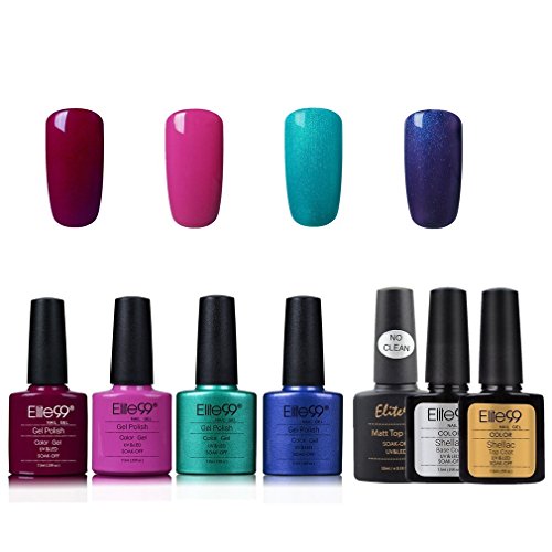Elite99 Esmalte de Uñas Semipermanente Uñas de Gel UV LED Kit de Manicura 7pcs con Base Coat Top Coat de Brillo y Top Coat de Mate Pintauñas Soak off - Kit 002