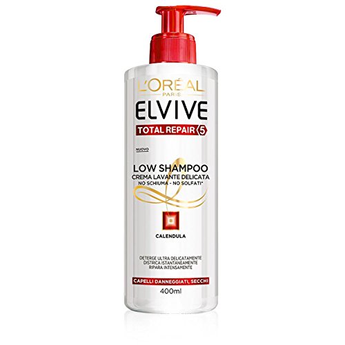 Elvive L'Oréal Paris - Low Shampoo Total Repair 5, crema de lavado delicada sin espuma y sin sulfatos para cabellos dañados o secos, 400 ml