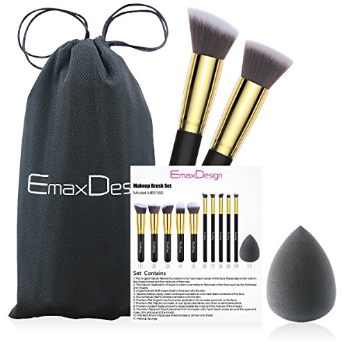 EmaxDesign - Juego de brochas de maquillaje kabuki de fibra sintética para las cejas, base de maquillaje, polvos, crema, incluye bolsa, incluye una esponja de maquillaje