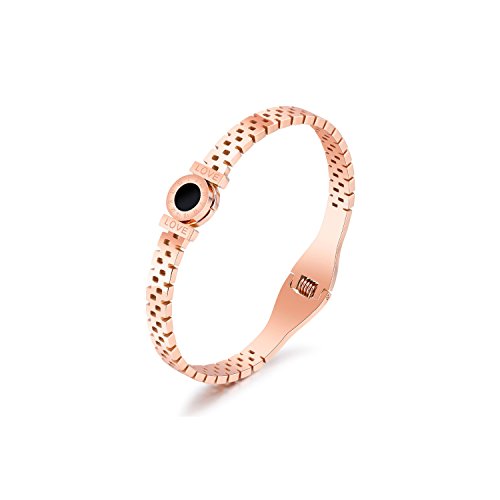 Emma Gioielli - Pulsera Rígida para Mujer en Acero Stainless Steel Ch. en Oro Rosa de ALTA CALIDAD Círculo Redondo en Pvd Negro y Números Romanos"Love" - Paquete Regalo