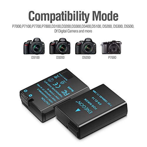 EN-EL14/EL14a Batería de Repuesto (Paquete de 2) y Smart LED Cargador Dual USB para Nikon EN-EL14/EL14a y Coolpix P7000,P7800 DSLR D3100,D3200,D3300,D3400,D5100, D5200,D5300,D5500,DF