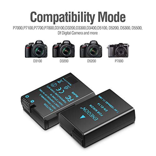 EN-EL14/EL14a Batería de Repuesto (Paquete de 2) y Smart LED Cargador Dual USB para Nikon EN-EL14/EL14a y Coolpix P7000,P7800 DSLR D3100,D3200,D3300,D3400,D5100, D5200,D5300,D5500,DF