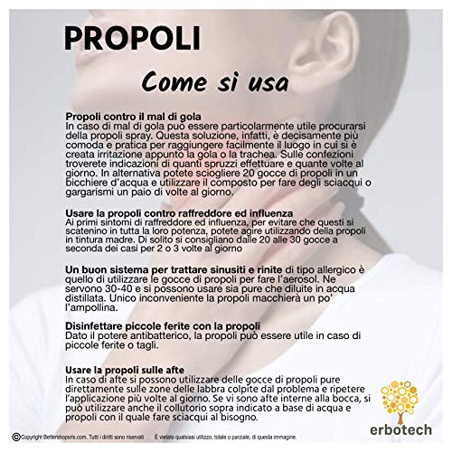 ERBOTECH Propoleo (Propolis) Spray 30 ml,tintura madre extracto puro adecuado para NIÑOS, remedio natural para el dolor de garganta y tos, contribuye al bienestar del tracto respiratorio,Made in Italy