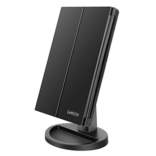 Espejo de Maquillaje con LED, Natural Iluminado Espejo de Mesa Luz con Ampliación 1X / 2X / 3X Plegable Espejo de la Vanidad Rotación 180° Pantalla Táctil Espejo Cosmético para Hombre y Mujer (Negro)