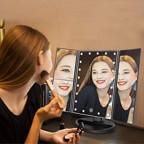 Espejo de Maquillaje con LED, Natural Iluminado Espejo de Mesa Luz con Ampliación 1X / 2X / 3X Plegable Espejo de la Vanidad Rotación 180° Pantalla Táctil Espejo Cosmético para Hombre y Mujer (Negro)