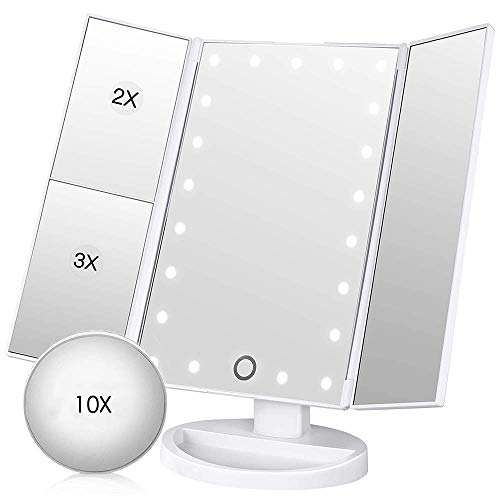 Espejo de Maquillaje Iluminado, 21 Luces LED Espejo Cosmético de Tocador, Pantalla Táctil de Aumento Tri-Fold 2X 3X 10X de Aumento, Rotación Libre de 180 °, Fuente de Alimentación Dual Blanco