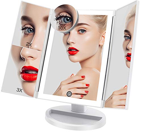 Espejo Maquillaje con Luz 3 Modos Iluminación Colores,72 Leds Tríptica Aumentos 3X, 2X,1x Magnetismo Extraíble Espejo 10X Rotación 180° Espejo de Maquillaje Carga con USB o Batería (Blanco)
