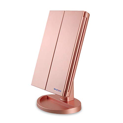 Espejo Maquillaje con Luz,WEILY Triple Espejo Plegable Lámpara LED 180 Grado de Rotación Coméstico con Mostrador, Regalos Originales para Mujer (Oro)