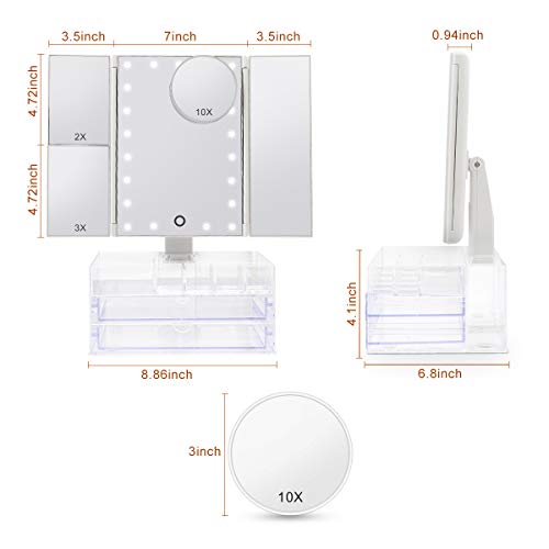 Espejo Maquillaje Iluminado Triple con Caja Organizadora de Almacenamiento de Acrílico, Espejo de Mesa con luces Vanity, Aumento 2X 3X 10X, 21 LED Toque Escritorio Cosmético con Espejo Iluminado