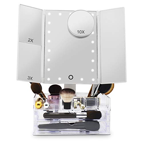 Espejo Maquillaje Iluminado Triple con Caja Organizadora de Almacenamiento de Acrílico, Espejo de Mesa con luces Vanity, Aumento 2X 3X 10X, 21 LED Toque Escritorio Cosmético con Espejo Iluminado