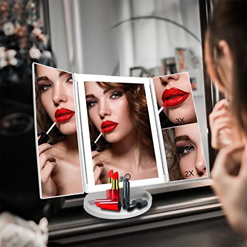Espejo Maquillaje,WEILY Espejo Cosmético,Luz ajustable con LED,Tríptica Aumentos 1X, 2X, 3X, Rotación ajustable de 180 °, fuente de alimentación doble, espejo cosmético encimera
