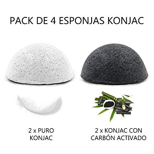 Esponja Konjac Exfoliante Suave Facial Natural, Orgánico, Bio, Ecológico, Vegano, Cuidado de la Piel, Limpieza Profunda, para Piel Propensa a Grasa y Acné - Pack de 4 Esponjas, 2 Blancas y 2 de Carbón