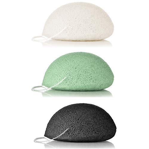 Esponja Konjac Facial 100% Naturales, 3 piezas Para la limpieza y exfoliación de la piel, Cuidado de la Piel, Limpieza Profunda, para todo tipo de pieles (Negro Carbón, Blanco y Verde)