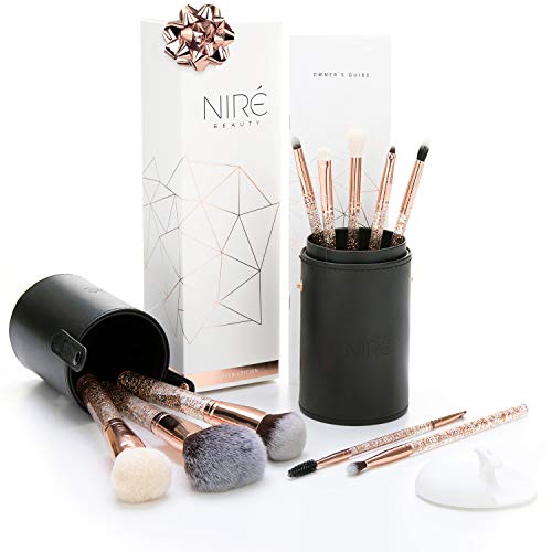Essential Glow Set de Niré Beauty Brochas de maquillaje de Purpurina con Estuche de brochas y Cepillo de limpieza facial