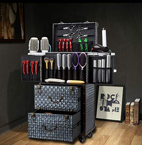 Estuche De Maquillaje Rueda De Freno De Rodadura Maleta Maquilladora Profesional Cuero + Decoración De Remaches Tijeras Multifunción Para Secador De Pelo, 40X28x76cm,Gold