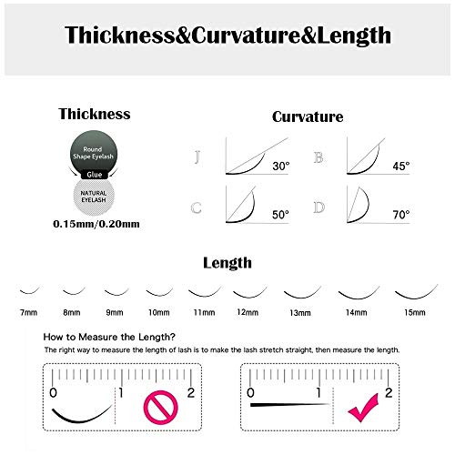 Extensión de Pestañas Individuales Clásica Natural Blando Suave Láser Eyelash Extensions Pestañas Postizas pelo a pelo (Espesor 0,15 mm C Curl Longitud 8-15 mm Mezclada)