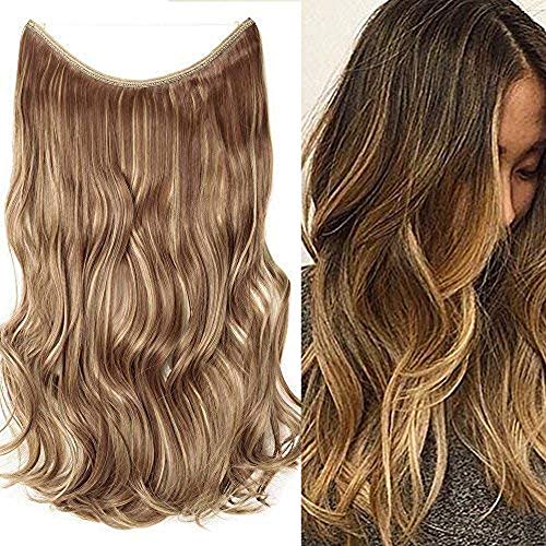 Extensiones de Cabello Natural con Hilo Invisible Sin Clip Pelo Sintético Una Pieza Rizada Postizos de Pelo Pelucas 20"(50cm,90g,Castaño Claro mezcla Rubio Ceniza)