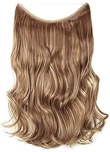Extensiones de Cabello Natural con Hilo Invisible Sin Clip Pelo Sintético Una Pieza Rizada Postizos de Pelo Pelucas 20"(50cm,90g,Castaño Claro mezcla Rubio Ceniza)