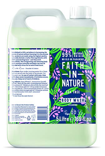 Faith in Nature Gel de Baño Natural de Árbol del Té, Purificante, Vegano y No Testado en Animales, sin Parabenos ni SLS, Recarga de 5 l