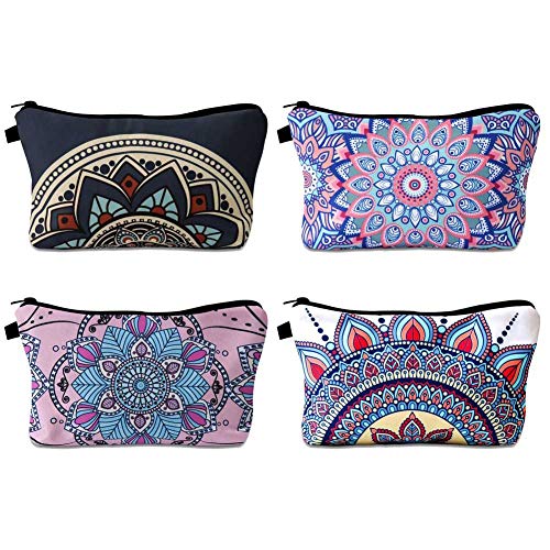 FANTESI - 4 bolsas de maquillaje de mandala, bolsas de viaje para cosméticos, bolsa de maquillaje, con patrones de flores de mandala, para mujeres y niñas
