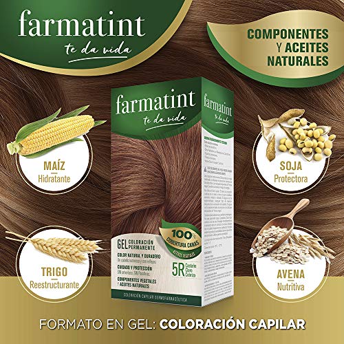 Farmatint 5R Castaño Claro Cobrizo. Tinte permanente. Cabello natural y color duradero. Sin amoníaco ni parabenes ni parafinas ni siliconas.