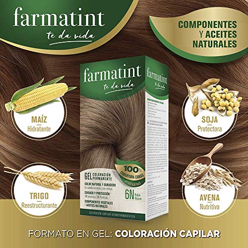 Farmatint Tinte permanente 6N Rubio Oscuroy, Cabello natural y color duradero. Sin amoníaco ni parabenes ni parafinas ni siliconas.