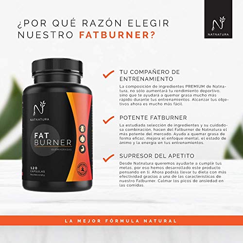 FAT BURNER Nº1. Potente quemagrasas natural alto rendimiento. Termogénico para adelgazar. Suplemento deportivo, quema grasa abdominal, supresor del apetito. 120 cápsulas vegetales alta concentración.