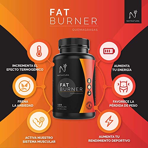 FAT BURNER Nº1. Potente quemagrasas natural alto rendimiento. Termogénico para adelgazar. Suplemento deportivo, quema grasa abdominal, supresor del apetito. 120 cápsulas vegetales alta concentración.