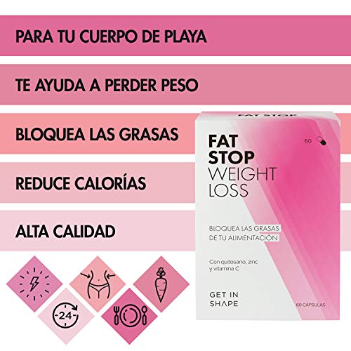 FAT STOP – Bloqueador grasas en cápsula – Se adhiere a la grasa de los alimentos y reduce la ingesta calórica (chitosan, vitamina C) – de GET IN SHAPE