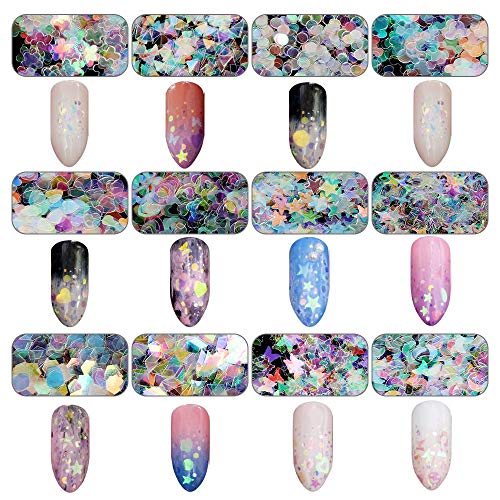 FAVENGO 2 Caja 24 Estilos Brillo de Uñas Glitter Holografico Estrellas Lentejuelas Para Uñas Glitter Uñas Flores Mariposas Decoracion Uñas Flores Mariposas Estrellas Corazón Luna