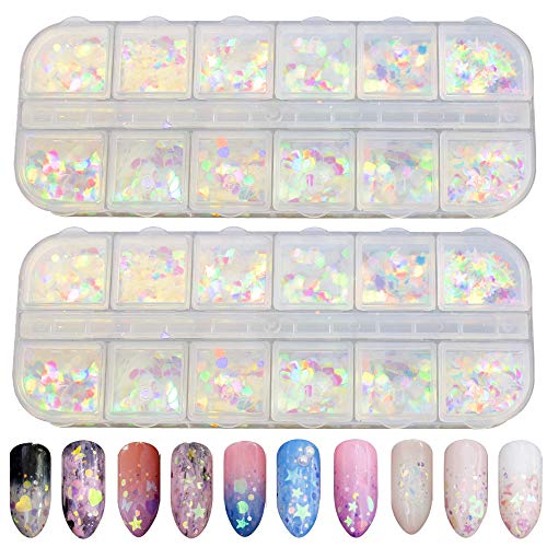FAVENGO 2 Caja 24 Estilos Brillo de Uñas Glitter Holografico Estrellas Lentejuelas Para Uñas Glitter Uñas Flores Mariposas Decoracion Uñas Flores Mariposas Estrellas Corazón Luna