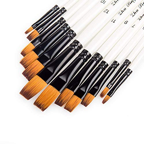 Febbya Pinceles para Pintar,12 Pack Pinceles Resistente Miniatura Cepillos para Al Óleo Acrílica Acuarela Amateur Profesionales Adultos Adolescentes Niños Blanco Cabeza Oblicua