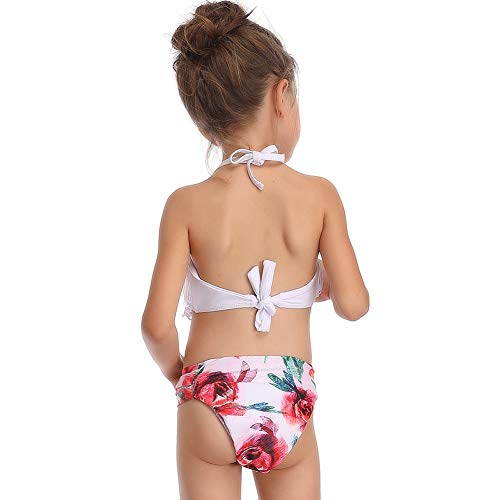 FeelinGirl Madre e Hija Bikini de 2 Piezas Volantes Estampado Floral Bañador Bandeau Sexy y Triángulo Bragas de Cintura Alta Conjunto de Traje De Baño para Familia Verano Playa Blanco S(Talla 38)