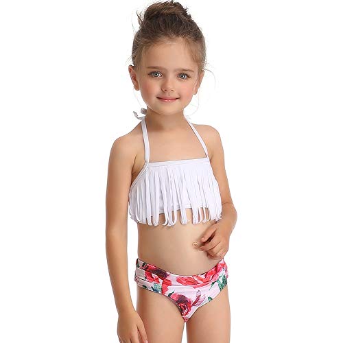 FeelinGirl Madre e Hija Bikini de 2 Piezas Volantes Estampado Floral Bañador Bandeau Sexy y Triángulo Bragas de Cintura Alta Conjunto de Traje De Baño para Familia Verano Playa Blanco S(Talla 38)
