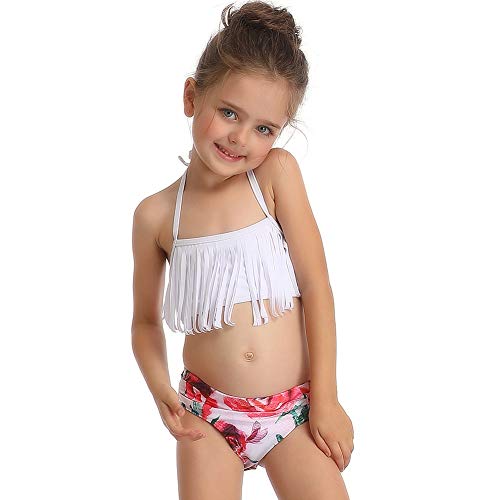 FeelinGirl Madre e Hija Bikini de 2 Piezas Volantes Estampado Floral Bañador Bandeau Sexy y Triángulo Bragas de Cintura Alta Conjunto de Traje De Baño para Familia Verano Playa Blanco S(Talla 38)