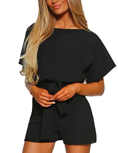 FeelinGirl Mujer Monos Cortos de Manga Corta Sólido con Lazo Botón Elegante para Verano Negro XL