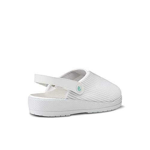 Feliz Caminar/Zuecos Sanitarios Marin (Naturfly) / Correa Unisex Antideslizantes Cómodos Hombre y Mujer. Zapatillas de Estar por Casa/Blanco 38