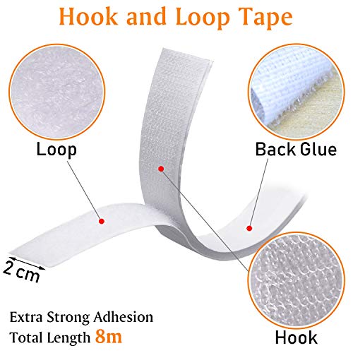 Fesoar 8M Hook y Loop Auto Adhesivo Cinta Rollo Hook y Loop Tape Gancho y Cinta de Lazo 20 mm de ancho (Blanco)
