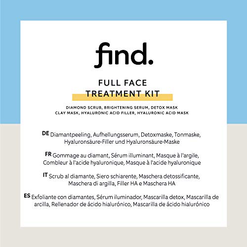 FIND - Caja de tratamiento facial completo (exfoliante de diamante, sérum iluminador, mascarilla purificadora, mascarilla de arcilla, rellenador y mascarilla de ácido hialurónico), 6 envases x 15 ml