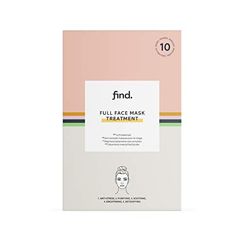FIND - Tratamiento completo de mascarillas faciales hidrogel, sin goteo, , pack de 10 unidades (antiestrés, purificante, calmante, iluminadora y détox)