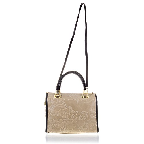 Firenze Artegiani Bolso de Hombro para Mujer en Piel auténtica, Grabado arabescos, asa Cuero Trenzado, 31 cm, Taupe