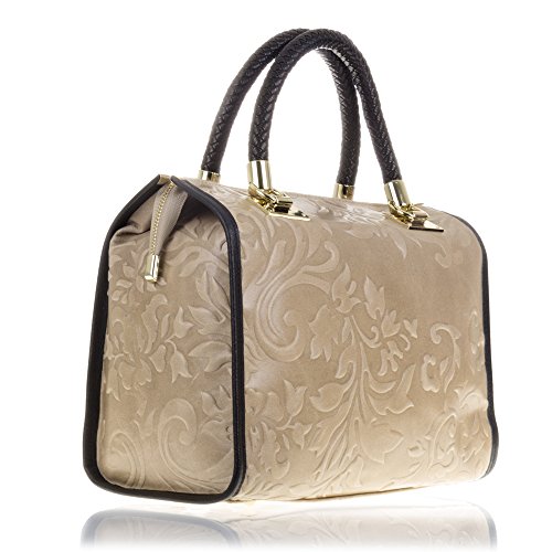 Firenze Artegiani Bolso de Hombro para Mujer en Piel auténtica, Grabado arabescos, asa Cuero Trenzado, 31 cm, Taupe