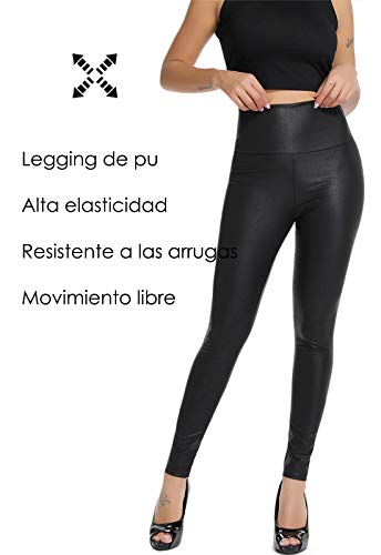 FITTOO Mujeres PU Leggins Cuero Brillante Pantalón Elásticos Pantalones para Mujer300#2 Negro Serpiente L